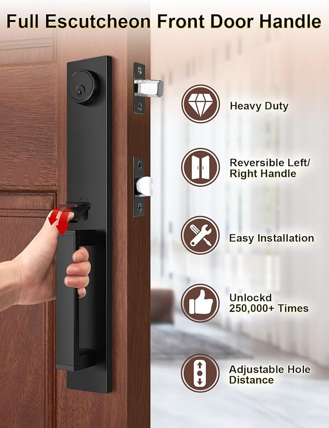 Front Door Lock Set, Full Escutcheon Front Door Handle Sets, Heavy Duty Entry Door Lock Sets with 3 Keys, Door Locks with Deadbolt Lever Handle