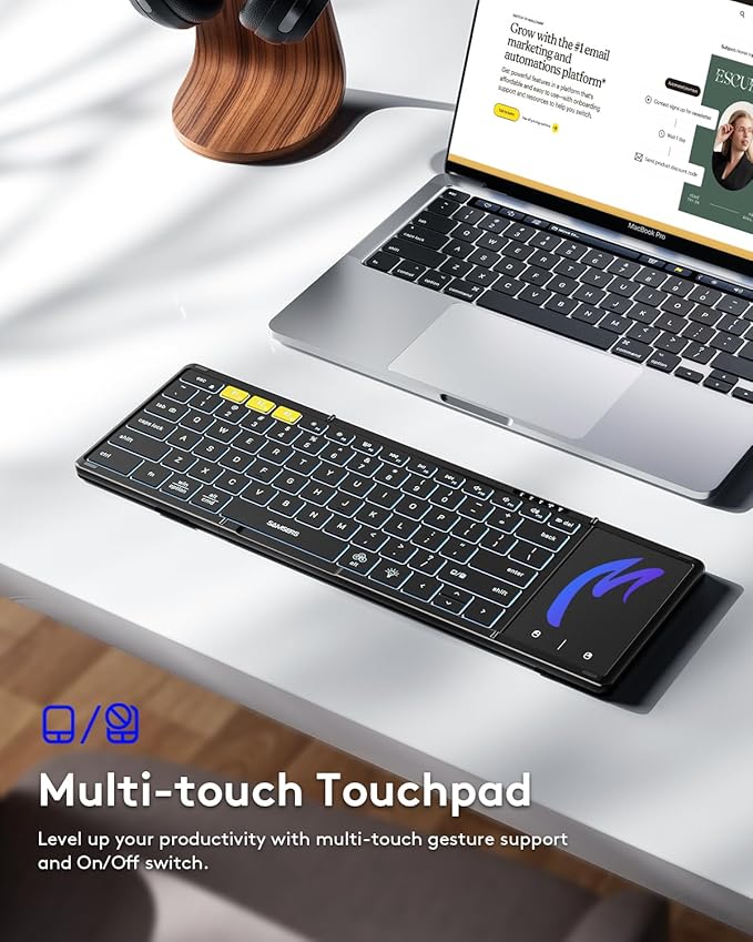 Samsers Foldable Bluetooth Keyboard with Touchpad, Full-Size Wireless Folding Keyboards with Backlight, Portable Travel for iOS Android Windows Mac OS, Support 3 Device(BT5.1 x 3), Black