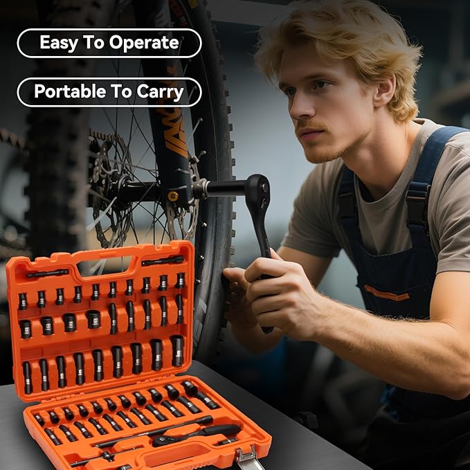 DISEN 57 PCS 1/4" Drive Impact Socket Set Shallow & Deep Socket Set SAE(5/32"-9/16") & Metric(4-15mm) with Universal Joint, Extension Bar, 3/8 to 1/4 Reducer, Ratchet Handle, Adapter