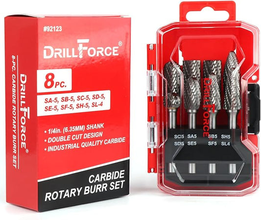 8PCS Carbide Burr Set 1/4" Shank, Double Cut Tungsten Carbide Rotary Tool Attachment Kit Rasp Accessories for Die Grinder Metal Wood Carving, Engraving, Polishing, Deburring