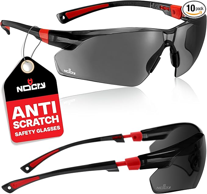 NoCry Work and Sports Safety Sunglasses with Green Tinted Scratch Resistant Wrap-Around Lenses and No-Slip Grips, UV 400 Protection. Adjustable, Black & Red Frames (10 pack)