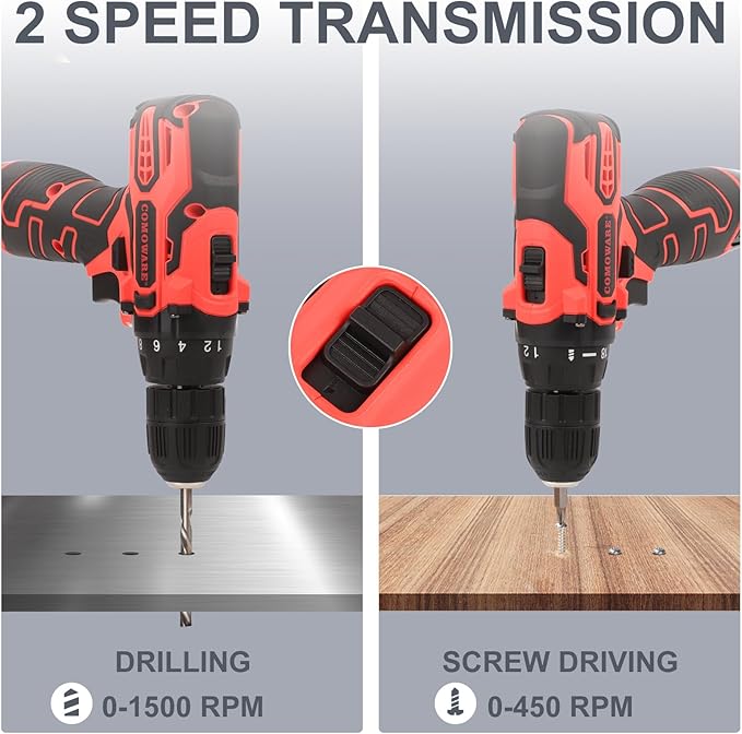 COMOWARE Cordless Drill Set, 12V Power Drill, 1 Battery, 3/8" Keyless Chuck,0-450 & 0-1500 RPM, 10pcs Screwdriver Bits, Red