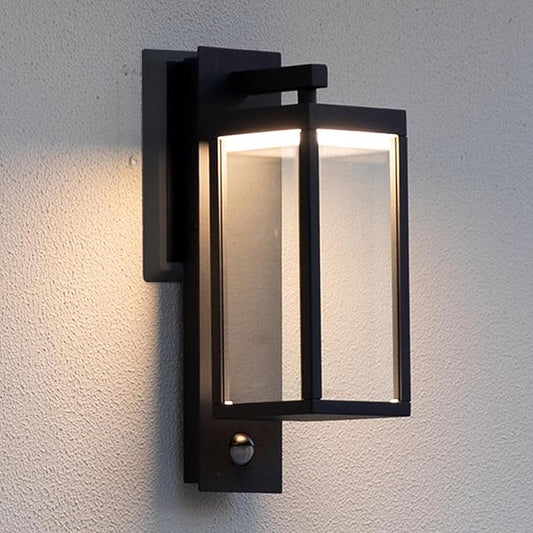 Outdoor Light Wall Sconce Motion Sensor Porch Light for House,15" LED Modern Exterior Lighting Fixture Black,Waterproof Outside Lantern with Clear Glass for Garage Patio Garden,750LM,3000K