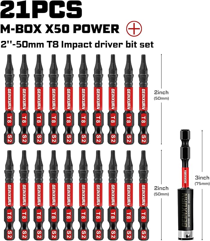 20Pieces 2inches T8 Impact Tough Magnetic Screwdriver Bit Set, #8 Torx Head Power Bits, S2 Alloy Steel Star Bits with 1pc Bit Holder and Storage M-Box