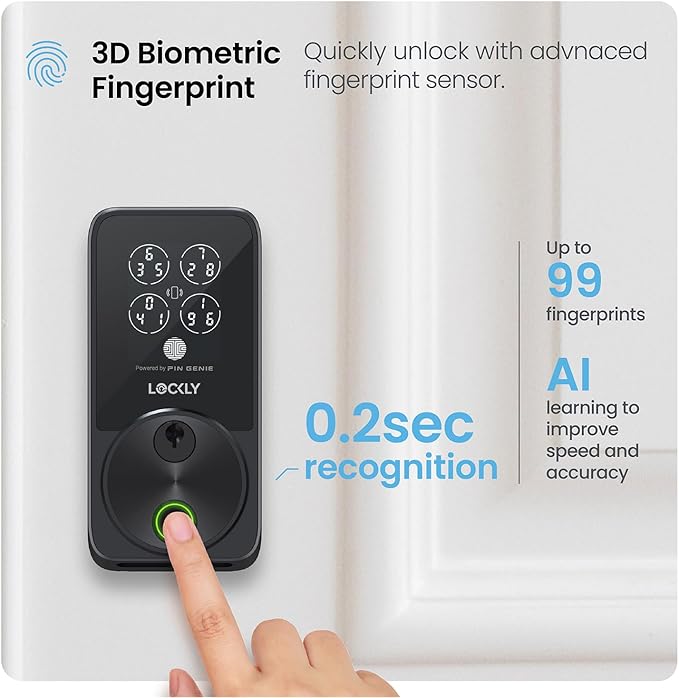 Lockly Secure Pro Zeno Series Smart Door Lock,Fingerprint Keyless Entry Door Lock for Front Door with Apple Home Key,Built-in Wi-Fi,Auto Lock, App Remote Control,IP65 Waterproof,Easy Installation