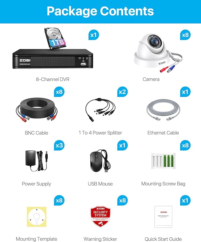 ZOSI 5MP 3K Lite 8 Channel H.265+ Home Security Camera System with AI Human Vehicle Detection, 8CH Surveillance DVR, 8 x 1080p Weatherproof CCTV Dome Camera Outdoor Indoor, 80ft Night Vision, 1TB HDD