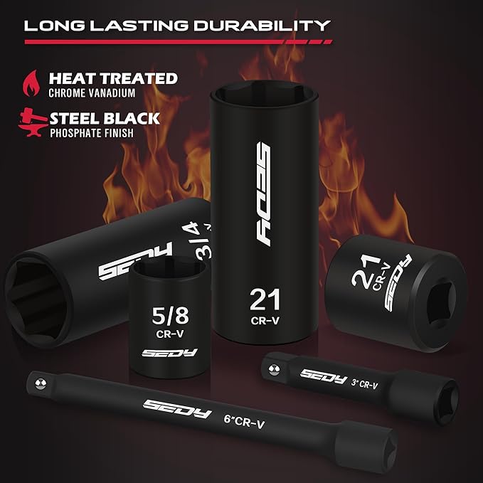 3/8" Drive Impact Socket Set - 49-Piece SAE (5/16 to 3/4 inch) and Metric (8-22mm) Sizes with Extension Bars and Universal Joint Standard & Deep CR-V Material for High Durability Impact Wrench