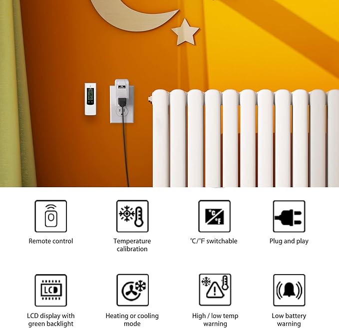 Nashone Wireless Plug in Thermostat, Digital Thermostat Outlet LCD Display Temperature Controller with Heating and Cooling Mode for Portable Heater, Wall Panel Heater, Window AC, and More