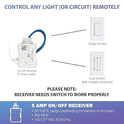 RunLessWire 5 Amp On/Off Receiver Add-On RF Relay Compatible with Self-Powered Kinetic Wireless Light Switches to Control Electrical Circuit Remotely Easy DIY Install 100-240VAC, Indoor Use
