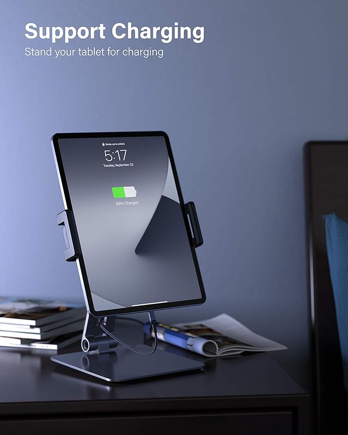 Maxonar iPad Stand Holder, Heavy-Duty Aluminum Alloy Tablet Stand, 360° Swivel Foldable iPad Pro Air Charging Stand Holder for Desk Bed Store POS Showcase Reception Kitchen Office (6-13''), Grey