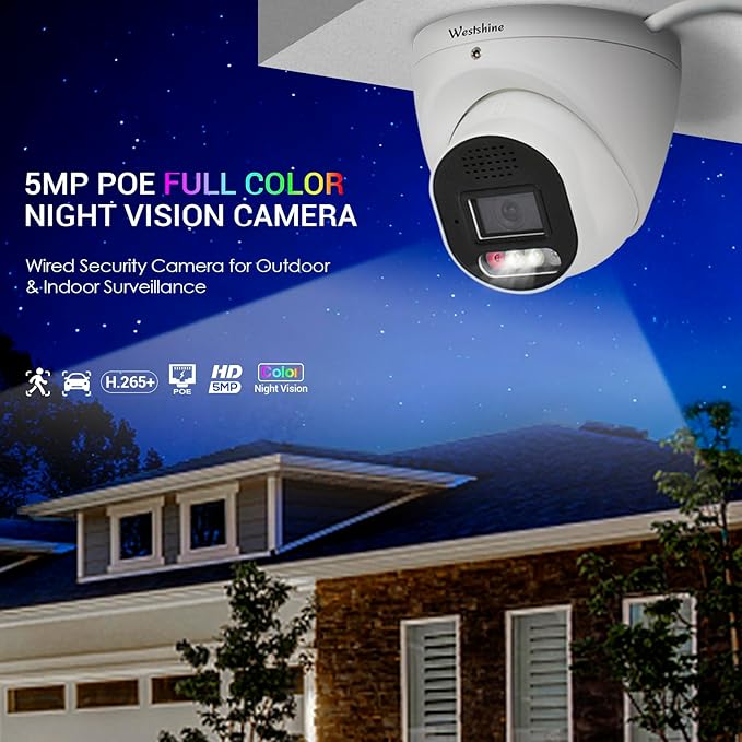 5MP PoE IP Dome Security Camera,Full Color Night Vision,Human Detection,2.8mm Wide Angle,Built-in Mic for Two-Way Audio,SD Card Slot,Outdoor IP66 CCTV Camera in Metal Housing (SD Card Not Included)