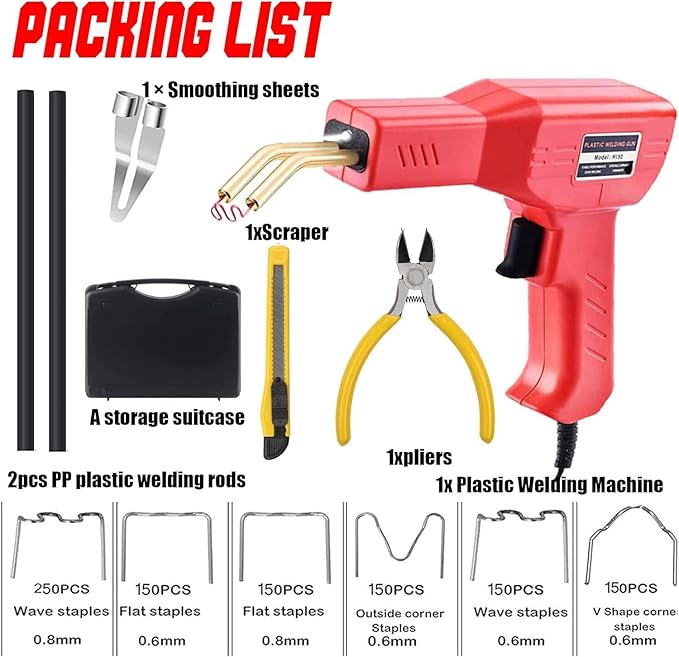 Plastic Welder,2 in 1 Plastic Welding Repair Kit with 1000pcs Hot Staples,2pcs Plastics Welding Rods,knife,Plier, Hot Staples Weld Gun Repair Kit for Car Bumper And Most Plastics(Red)