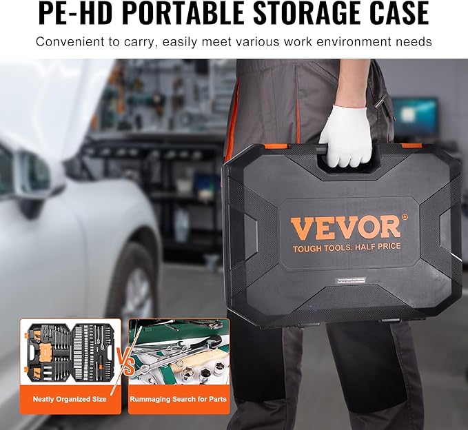 VEVOR Mechanics Tool Set, 145-Piece, Chrome Vanadium Steel, Polyethylene, SAE/Metric Sockets, Combination Wrench, Hex Wrenches, Accessories, Storage Case