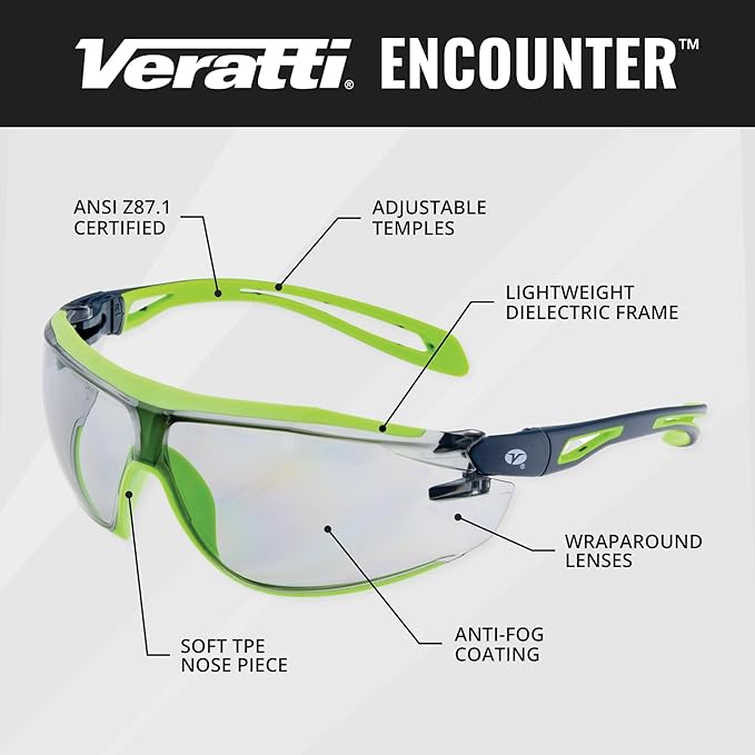 Veratti Encounter Safety Glasses, Anti-Fog Indoor/Outdoor Lens, ANSI Z87.1 Certified, Dielectric Gray/Green Frame