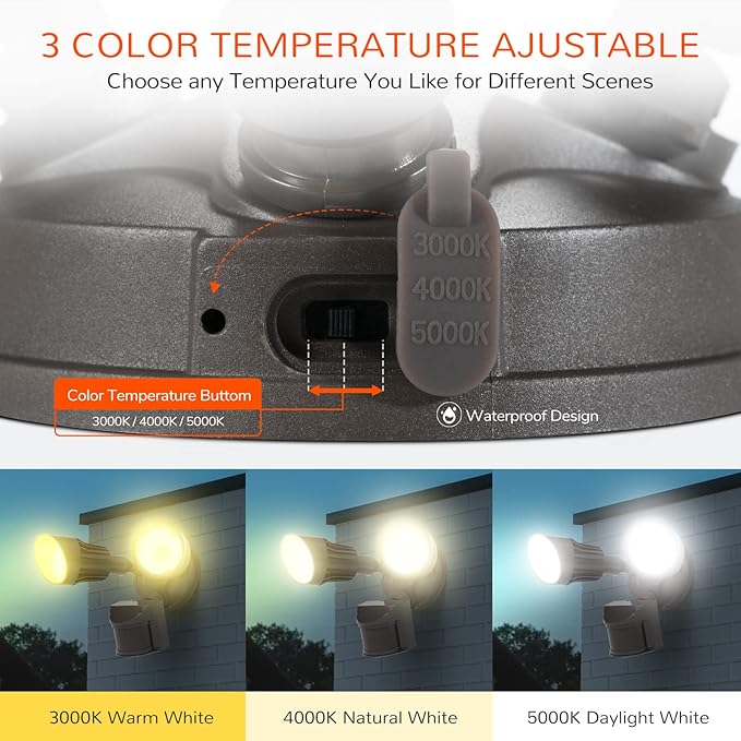 JJC 3CCT Selectable LED Security Flood Light Outdoor Motion Sensor, 3000LM 27.5W (120W Equiv.) 3000K/4000K/5000K Adjustable Color Changing, IP65 Waterproof Brown