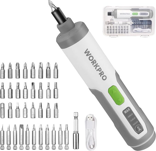 WORKPRO 4V Electric Screwdriver, Rechargeable Cordless Screwdriver Set with 35 Bits, Extension Rod, USB Charging Cable in Carrying Case, LED Light, White Gray