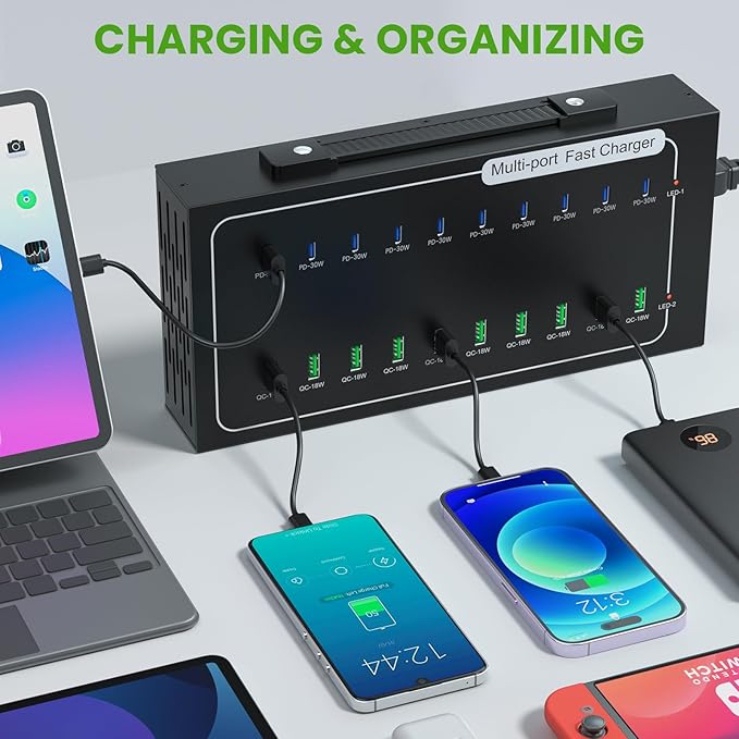 480W USB Charging Station, ALI SEA 20 Port (10 PD+10 QC) USB C Fast Charging Station for Multiple Devices, Charger Block with Intelligent Protection for iPhone, Android Cell Phone, iPad, Tablet