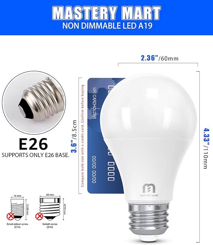 MASTERY MART A19 LED Bulbs 60 Watt Equivalent, 9W Non-Dimmable, Flicker-Free, 800 Lumens, Bright Daylight White 5000K, E26 Base, 10000 Hours, Energy Saving, Bright for Living Room, Bedroom, 6 Pack