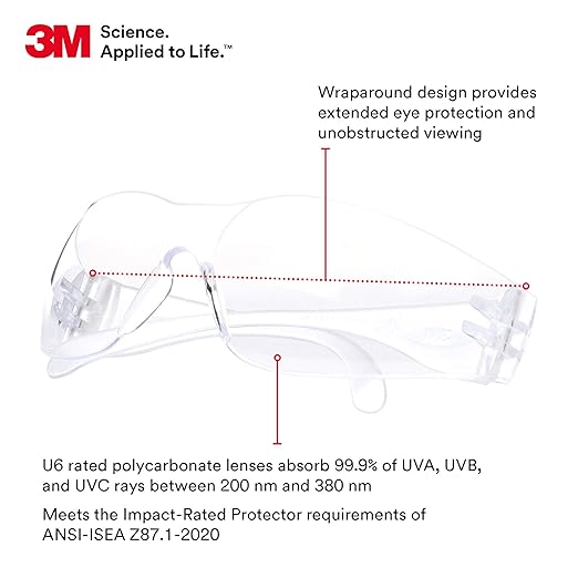 3M Safety Glasses, Virtua 11228, Pack of 100, ANSI Z87, Unisex, Clear Lens, Clear Frame, Economical Eyewear Option, Lightweight, UVA, UVB, UVC