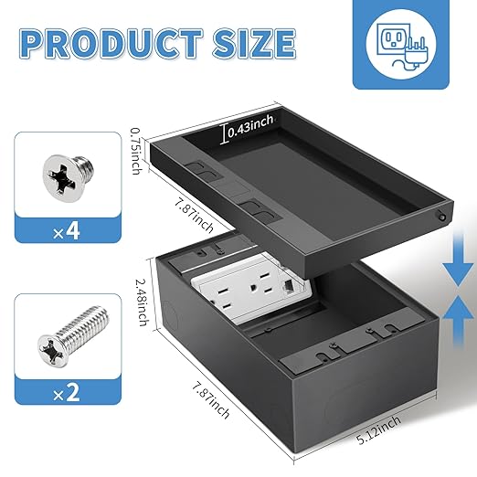 Vagueior Recessed Floor Electrical Outlet Kit,with 4 * 15A Receptacle+1 * 5V 2.1A USB Charging Ports+2-Port RJ45 Datacom Receptacle，Waterproof Electrical Outlet Covcer Box,Black