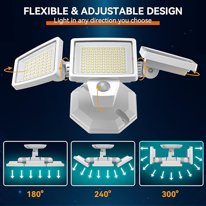 LED Security Lights Motion Sensor Outdoor Lights, 5000K Daylight, IP65 Waterproof, Dusk to Dawn, 3-Head Motion Detected Flood Light for Garage, Yard, Porch, White, 2 Pack