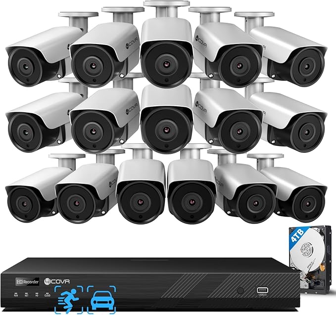 4COVR 16 Channel PoE Security Camera System for Business, 16CH 4K NVR with 4TB HDD, AI Human Vehicle Detection, 16x 8MP Commercial IP67 IP Bullet Camera, Night Vision, 24/7 Recording, LY37EX8M1616