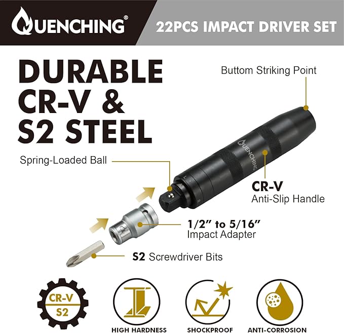 22-Pcs 1/2 Inch Drive Impact Driver Set, CR-V Extractor, Hand Manual Reversible Impact Screwdriver, 5/16 Inch Bit Adapter with S2 Steel Bits for Rusted Fasteners or Frozen Bolts