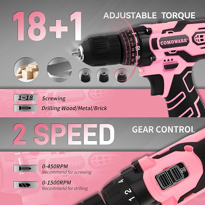 COMOWARE Home Tool Kit with Pink Drill, 195PCS Household Tool kit with 12V Cordless Power Drill, Power Drill Sets Home Repairing Tool Sets with Storage Case for Women