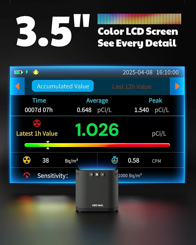 HOUND-3786 Radon Detector for Home, 10-Min Update, 3.5" Large Display, Long-Term Radon Monitoring with Data Charts, PDF Export, Audible & Visual Alarm, pCi/L & Bq/m³ -Black