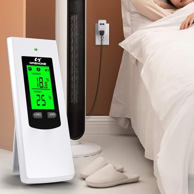 Nashone Wireless Plug in Thermostat, Digital Thermostat Outlet LCD Display Temperature Controller with Heating and Cooling Mode for Portable Heater, Wall Panel Heater, Window AC, and More