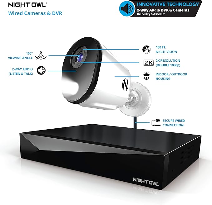 Night Owl 2-Way Audio 12 Channel DVR Video Home Security Camera System with (4) Wired 2K HD Indoor/Outdoor Deterrence Cameras and 2TB Hard Drive (Add up to 4 More Wired and 4 Wi-Fi Cameras) (4 Camera)