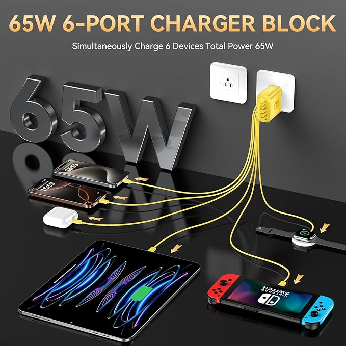 USB C Charger Block, 65W USBC Wall Charging Blocks 6-Port PD & QC Power Adapter Multiport Type C Fast Chargers Plug Cube Brick for iPhone 16/15/14/13/12/Pro Max,iPad Pro,Samsung Galaxy S25 Yellow