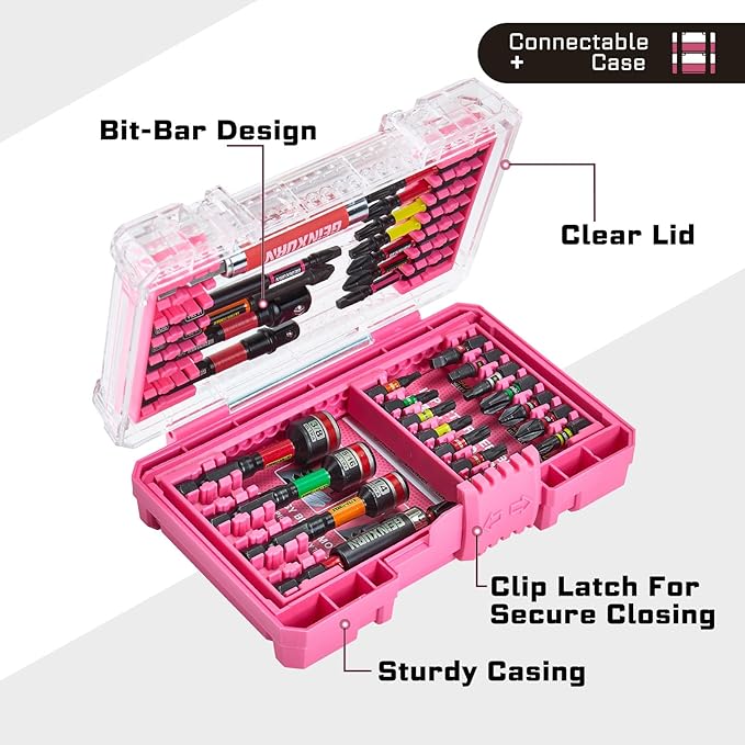 31Pieces Impact Screwdriver Bits Set, Magnetic S2 Steel 1”/2”/3” Phillips/Square/Torx Bits Tips,Impact Bit Holder and Nut Driver with Pink Storage Box Case
