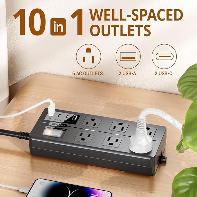 IPX6 Outdoor Power Strip Weatherproof, Waterproof Surge Protector with 6 Wide Outlet with 2A2C USB Ports, 15FT Long Extension Cord, Wall Mountable for Outside Decorations and More UL Listed(Black)
