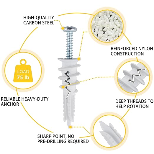 60PCS Self Drilling Drywall Anchors and #8 Screws, Wall Anchors for Drywall Heavy Duty Holds Upto 75LB, No Pre Drill Hole Required, Dry Wall Screws and Anchors Kit