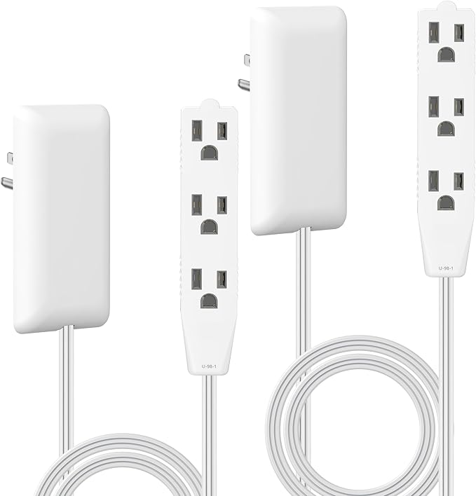 LIDER Flat-Face Outlet Extender with 3 Receptacles, Ultra-Thin Wall Plate Plug with Cord Extender and 3-Outlet Power Strip, 3ft Cord, LWE3-315-W2P, ETL-Listed, White, 2 Pack