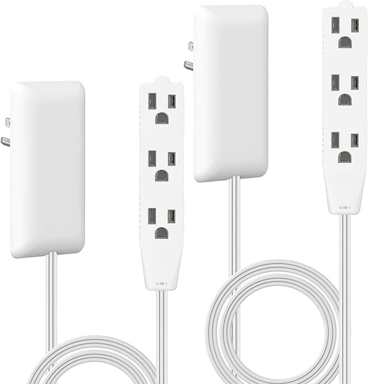 LIDER Flat-Face Outlet Extender with 3 Receptacles, Ultra-Thin Wall Plate Plug with Cord Extender and 3-Outlet Power Strip, 3ft Cord, LWE3-315-W2P, ETL-Listed, White, 2 Pack