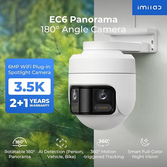 IMILAB EC6 Panorama 3.5K WiFi Plug-in Spotlight Camera: 180° Utra Widely View w/344° Rotatable Dual-Lens Security Camera Outdoor, 6MP Clarity Surveillance Cam, Motion Detection, Color Night Vision