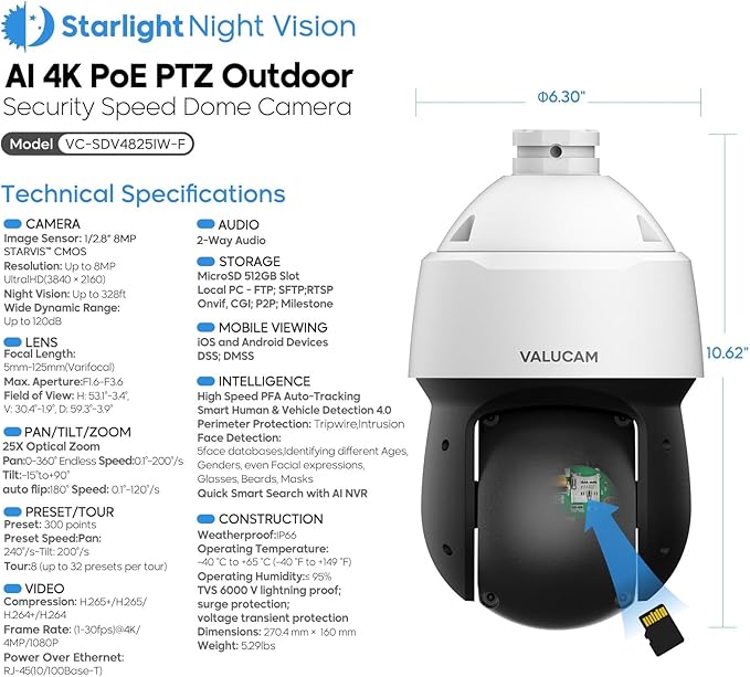 4K PTZ PoE IP Highspeed Dome Outdoor Camera-25x Optical Zoom(5-125mm), PFA Auto Tracking, IVS-Face Detection, SMD4.0, 1/2.8'' Starvis Sensor-0.005lux Starlight Nightvision, Quick Pick, IP66