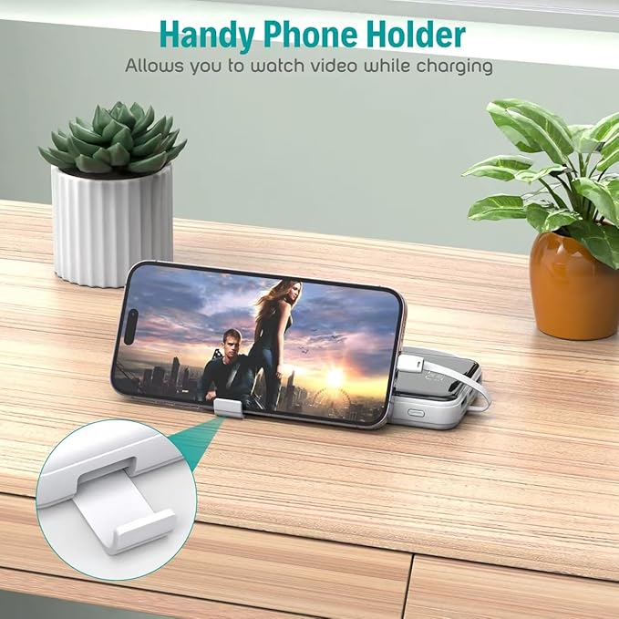 Portable Charger with Built in Cables,10000mAh Slim USB C Power Bank,5 Output 3 Input LED Display High Speed External Battery Pack Travel Phone Charger for iPhone Samsung Pixel LG Moto iPad,White