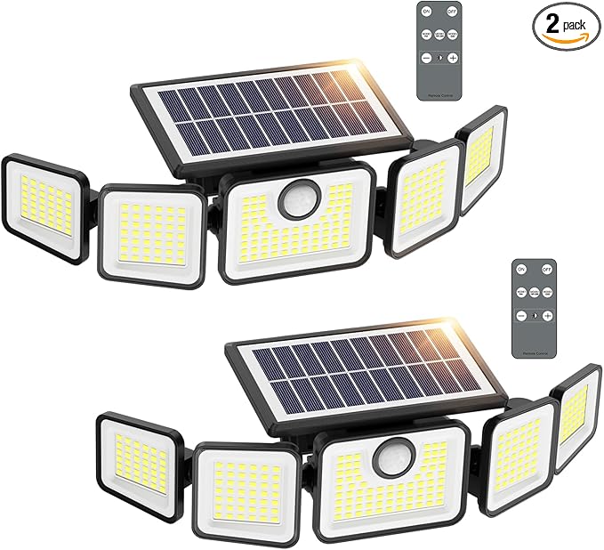 6000LM Solar Lights Outdoor, Solar Flood Lights Outdoor, 230 LED 5 Heads Motion Sensor Lights Waterproof with Remote Control for Outside Yard House Patio 2 Pack