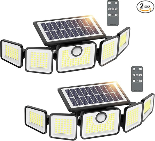 6000LM Solar Lights Outdoor, Solar Flood Lights Outdoor, 230 LED 5 Heads Motion Sensor Lights Waterproof with Remote Control for Outside Yard House Patio 2 Pack