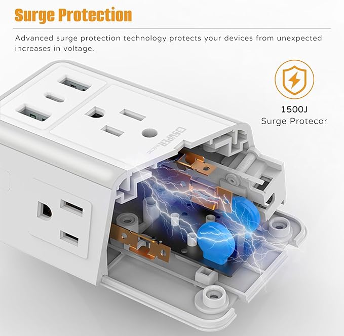 USB Wall Charger Surge Protector, Super Electro 6 Outlet Extender with 3 USB Charging Ports (5V 3.4A Total) and Night Light, 3-Sided 1500J Multi Plug Wall Outlet for Home, Office, ETL Listed
