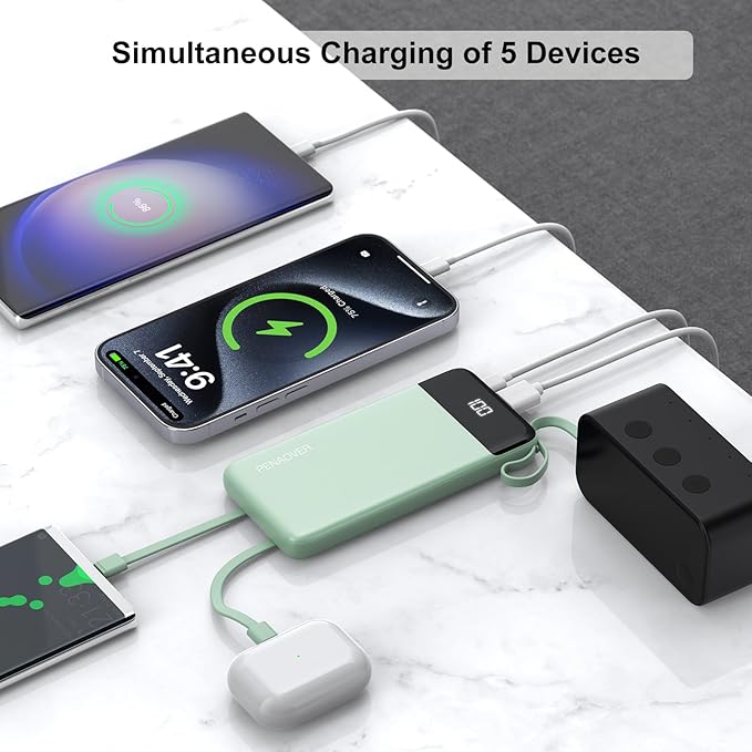Portable Charger 10000mAh Power Bank with Built-in Cable, 5 Output 2 Input Travel Essential External Battery Pack with LED Display Compatible with iPhone 16/15 Samsung S22 Android,etc
