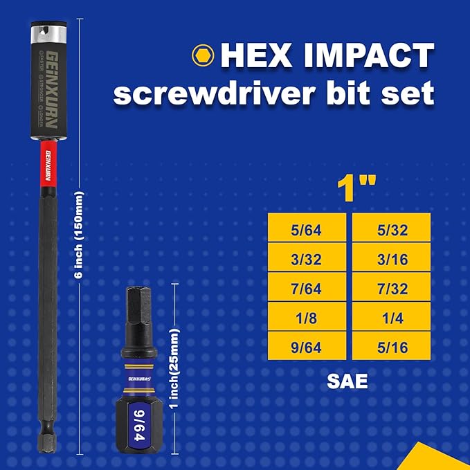 10pc 1" SAE Hex Head Impact Tough Magnetic Allen Wrench Drill Bits Set, 1/4" Hex Shank, S2 Steel, Impact Rated