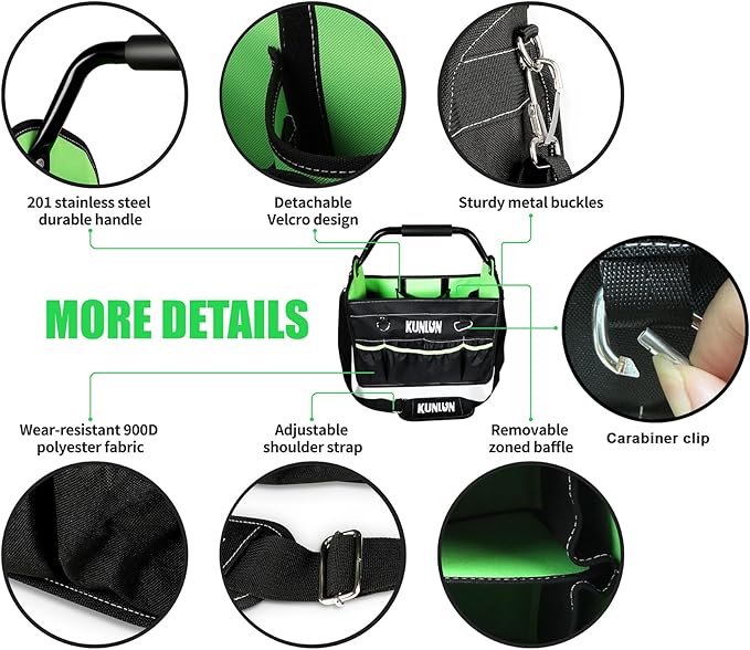 17-Inch Open Top Tool Bag, Electrician Tool Bag, Tool Tote Bag Organizer for Easy Tool Access, 33 Pockets Foldable Tool Carrier with Rotating Steel Handle and Removable Shoulder Strap (Black+Green)