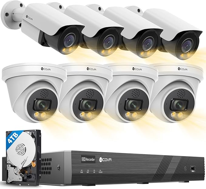 4COVR 16 Channel PoE Security Camera System for Business, 2-Way Audio Talk, Person Vehicle Detection & Smart Color Night Vision, 4K NVR & 4TB, 4 Dome 4 Bullet 8MP Wired IP Camera IP67, LYH37Y8M1608