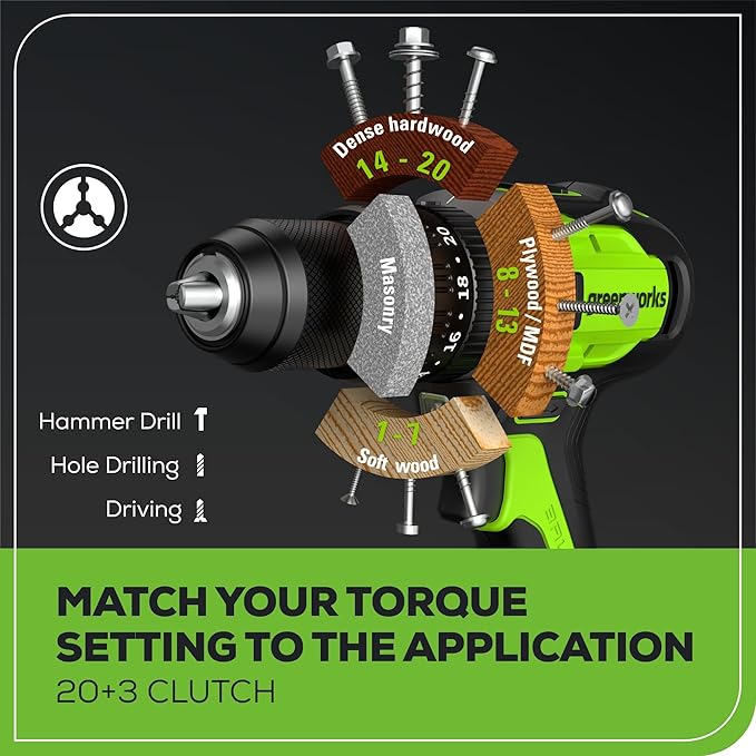 Greenworks 24V Brushless 1/2" Hammer Drill (Metal Chuck / 530 in.-lbs. / 20+3 Clutch / LED Light) + 5 PC Drill Bits, 2.0Ah Battery and Charger Included