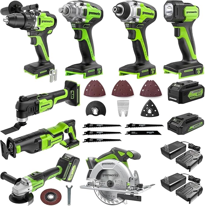 Greenworks 24V 8pcs Combo Kit,(2) Batteries & (2) Chargers. 800in/lb Drill, Impact Driver,Wrench, Multi-tool, Reciprocating Saw, Circular saw, Angle Grinder and Flashlight