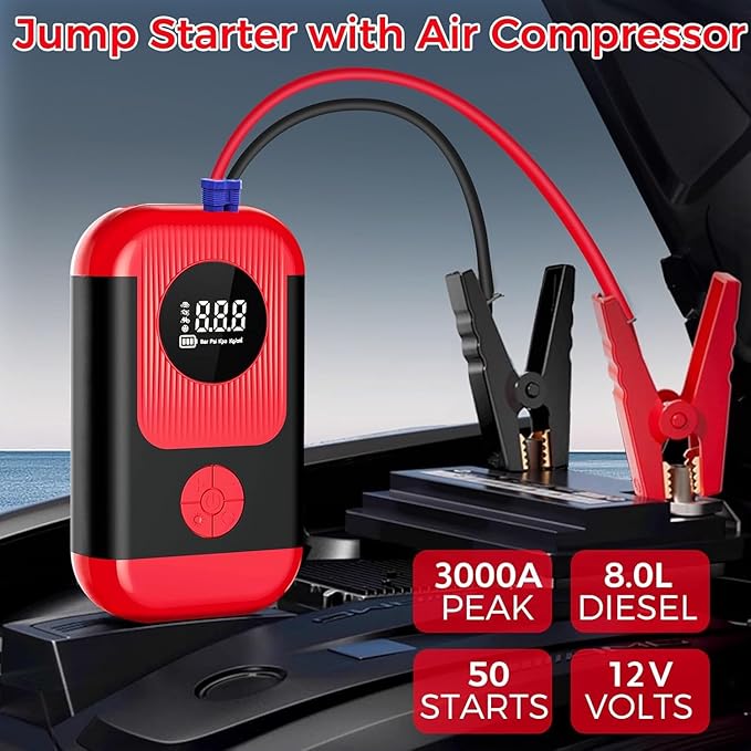 Jump Starter with Air Compressor,5000A Portable Car Battery Booster (10 Gas/8L Diesel) with 150PSI Tire Inflator,12V Car Battery Jump Box,Cordless Air Pump for,Motorcycle,Bike, Balls,LED Light